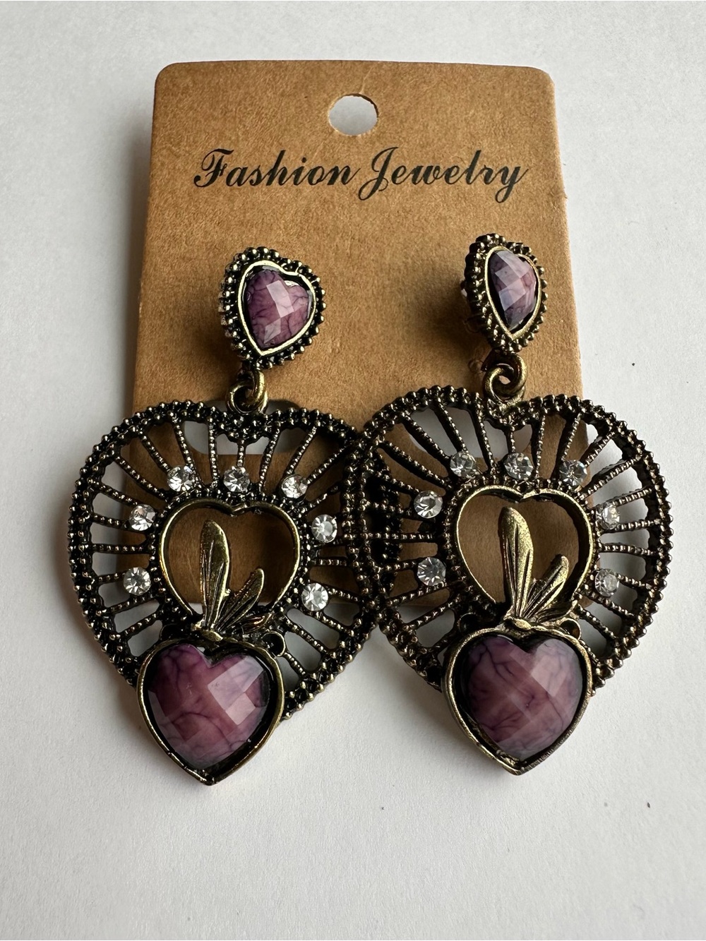 Fashion Jewelry Purple Heart Drop Earrings new in the original packaging